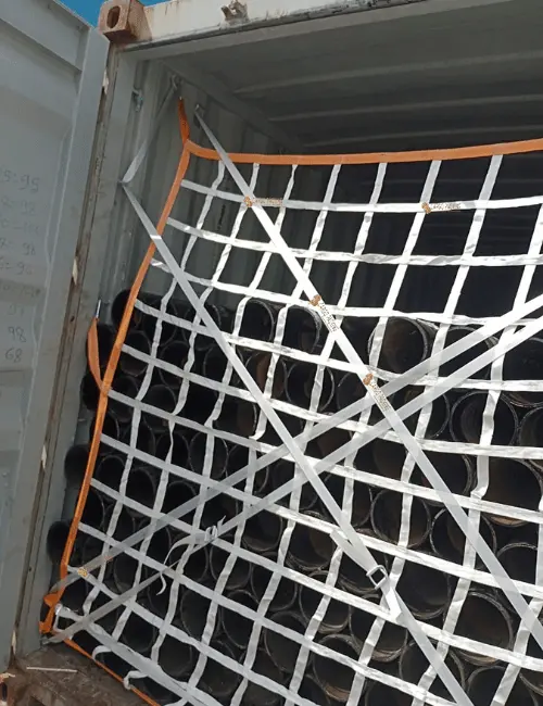 Secure Heavy Iron Pipes With Safety Net In Container